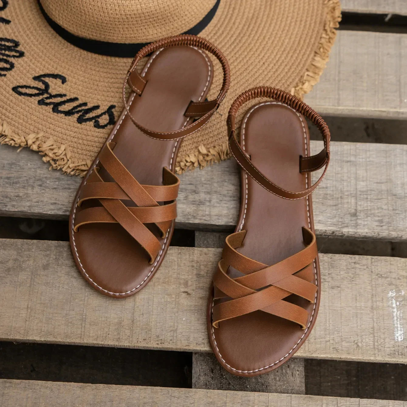 Women's summer sandals with braided straps, cushioned footbed, flexible ankle