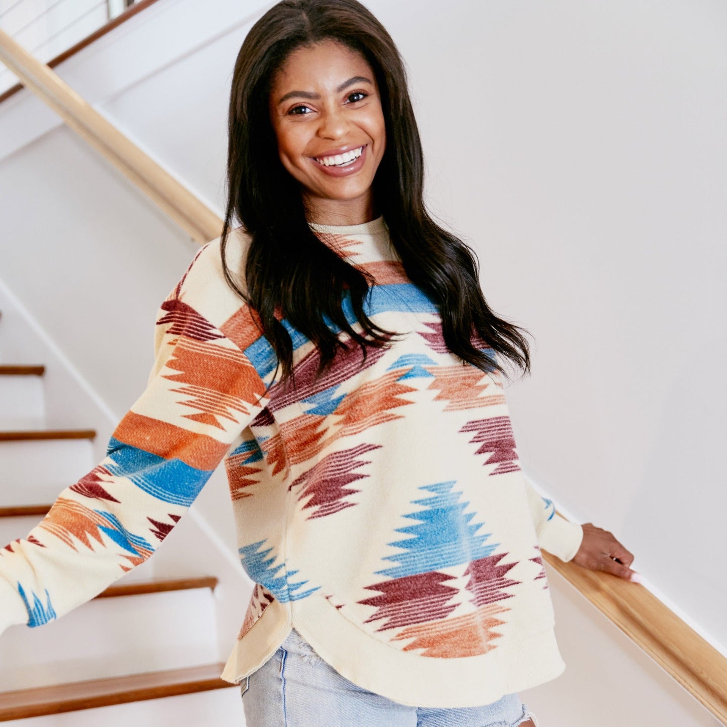 Women's Fleece Poncho with Reversed Fabric and Aztec Print