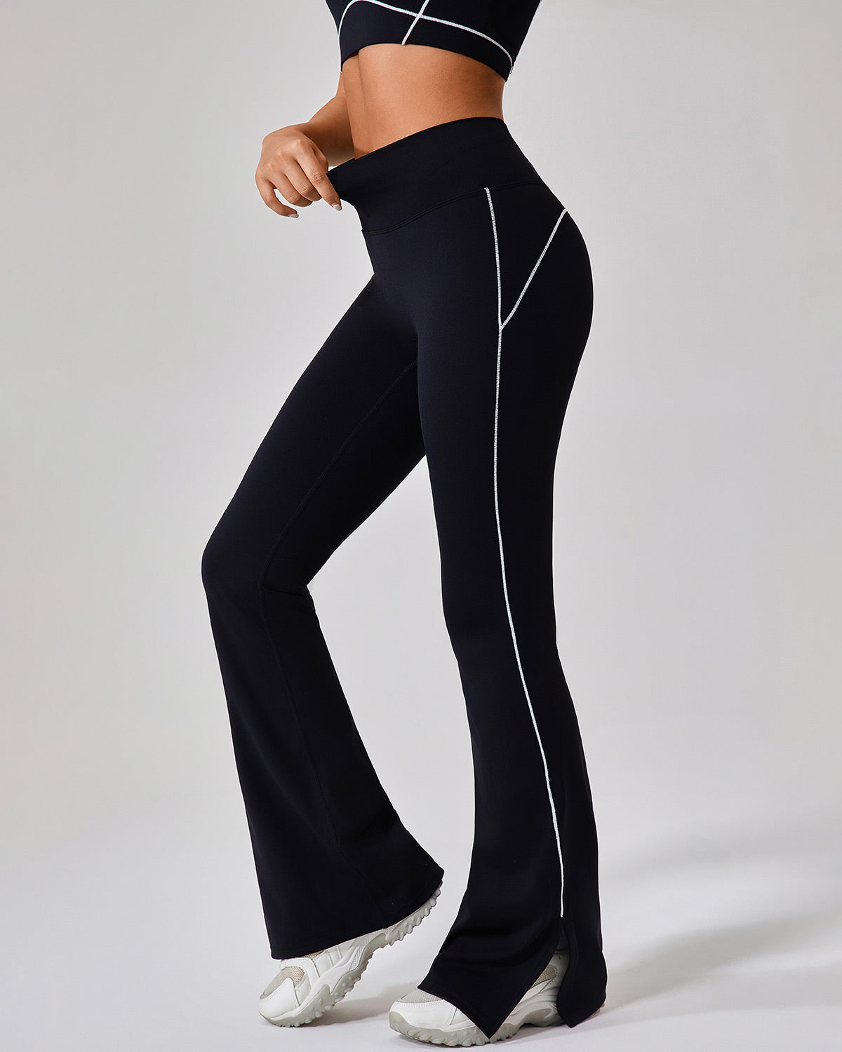 Damen High Waist Schlagleggings mit Kontrastbesatz