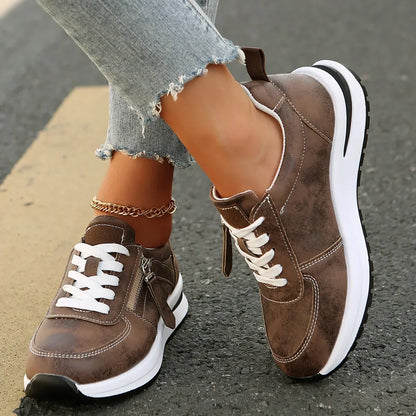 Damen Sneakers mit Plateau, Schnürung, seitlichem Reißverschluss und orthopädischer Sohle