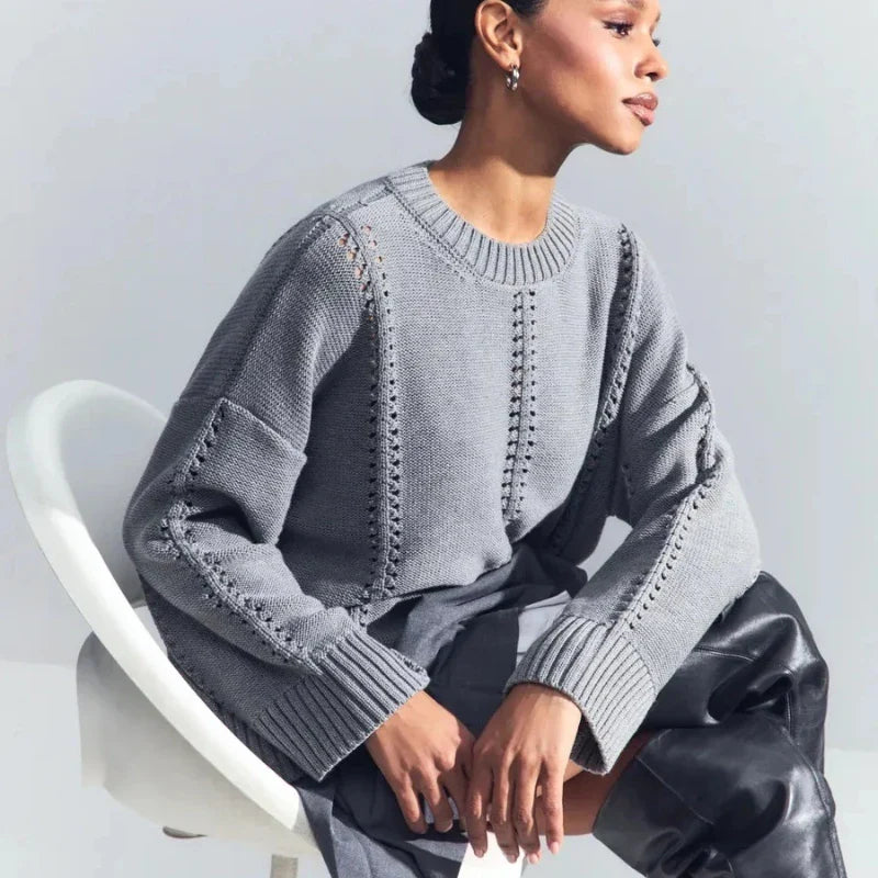 Women's Oversized Knit Sweater with Openwork Pattern, Crew Neck, Long Sleeves