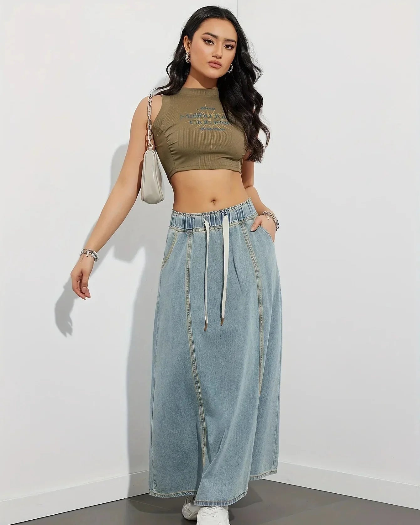 Women's Maxi Skirt Jeans Style Elastic Waistband Drawstring