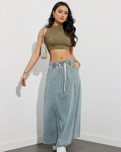 Women's Maxi Skirt Jeans Style Elastic Waistband Drawstring