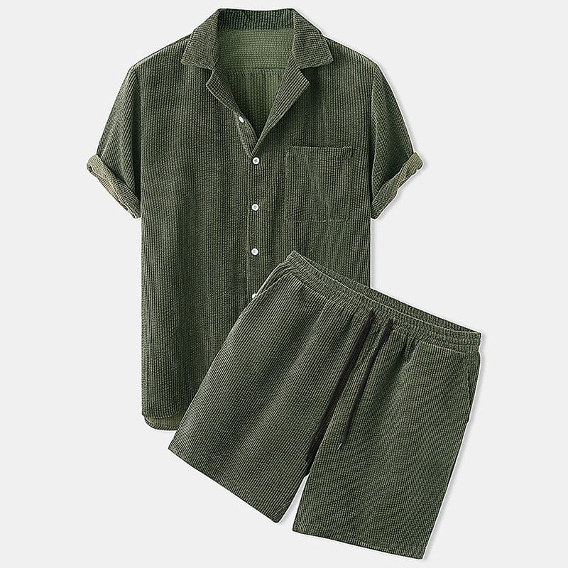 Men's Summer Shorts Set: Short-Sleeve Shirt and Shorts in Cord Style