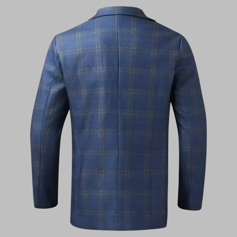 Blauer kariertes Sakko für Herren, Rückansicht. Elegantes Design, ideal für Business und Freizeit. Hochwertige Herrenmode, stilvoll und modern.