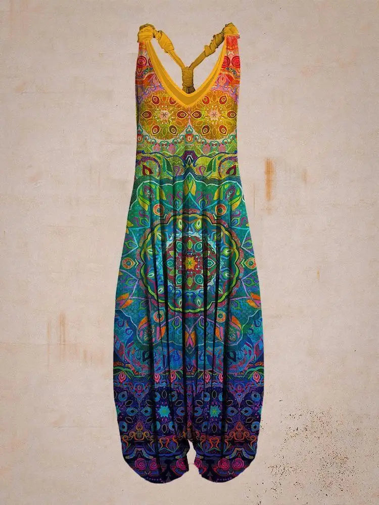 Bunter Boho Jumpsuit mit Mandala-Muster, ärmellos, aus Baumwolle, ideal für Sommermode und Festival-Outfits.