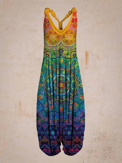 Bunter Boho Jumpsuit mit Mandala-Muster, ärmellos, aus Baumwolle, ideal für Sommermode und Festival-Outfits.