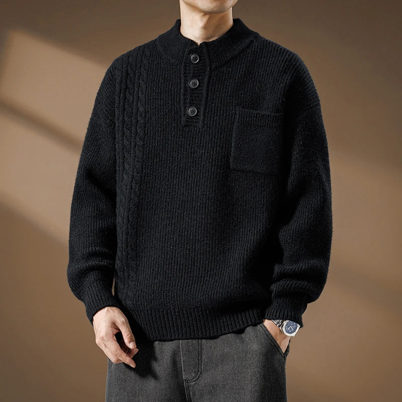 Men's knitted sweater with Henley collar, cable pattern, and chest pocket