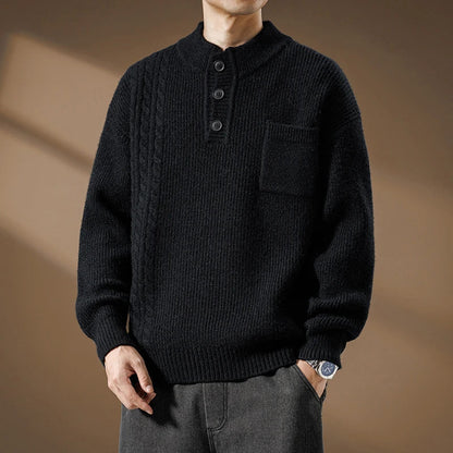 Men's knitted sweater with Henley collar, cable pattern, and chest pocket