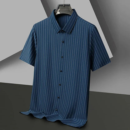 Men's polo shirt with vertical pinstripe pattern and button placket
