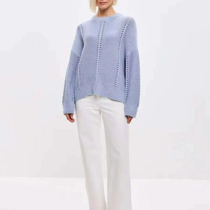 Women's Oversized Knit Sweater with Openwork Pattern, Crew Neck, Long Sleeves