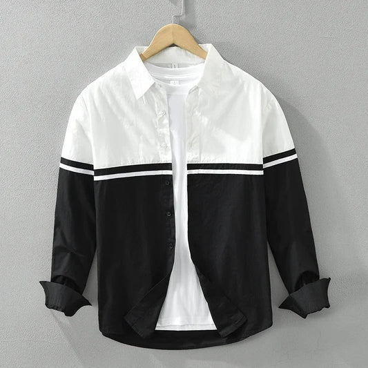 Men's Short Sleeve Shirt with Black and White Design and Turn-Down Collar