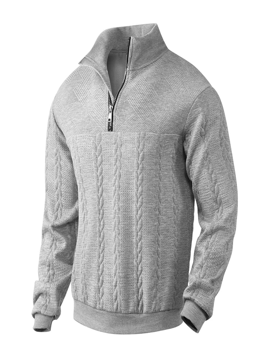 Men's knitted sweater with half zipper, standing collar, and cable pattern