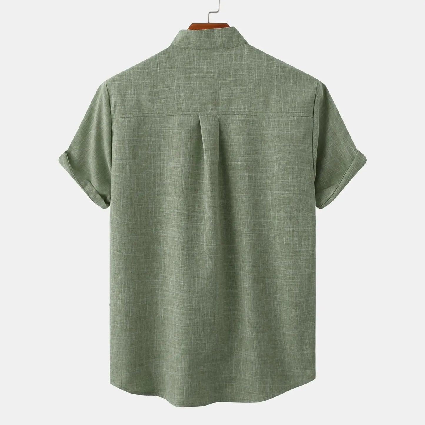 Men's summer shirt made of linen blend, short-sleeved, collarless, button placket