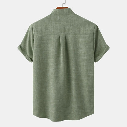 Men's summer shirt made of linen blend, short-sleeved, collarless, button placket