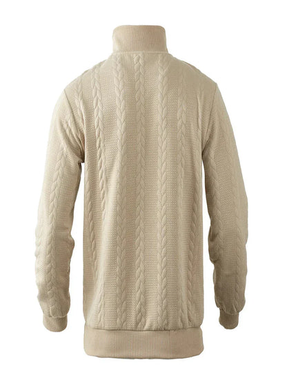 Men's knitted sweater with half zipper, standing collar, and cable pattern
