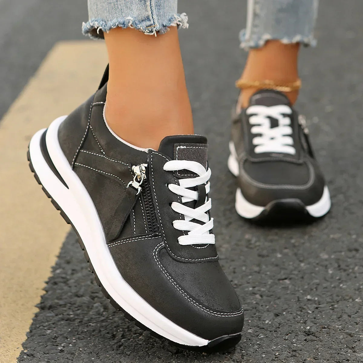Damen Sneakers mit Plateau, Schnürung, seitlichem Reißverschluss und orthopädischer Sohle