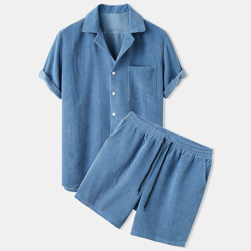 Men's Summer Shorts Set: Short-Sleeve Shirt and Shorts in Cord Style