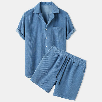 Men's Summer Shorts Set: Short-Sleeve Shirt and Shorts in Cord Style