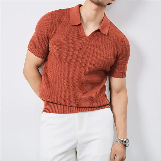 Men's Summer Knitted Polo Shirt with V-Neck, Elastic Waistband, and Breathable Fabric