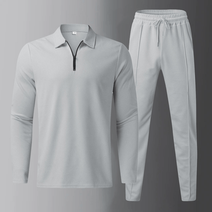 Men's Casual Set: Long-Sleeve Polo Shirt and Jogging Pants with Drawstring Waist