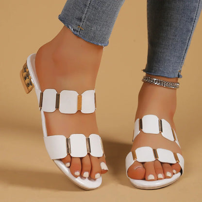 Women's summer slip-on shoes with shiny finish and golden accents