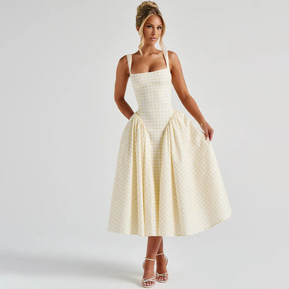 Damen Maxikleid mit Karomuster – Verstellbare Träger A Linie