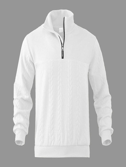 Men's knitted sweater with half zipper, standing collar, and cable pattern