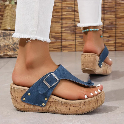 Damen-Sommersandalen Mit Keilabsatz, Verstellbarem Riemen Mit Schnalle, Zehenschlaufe Und Plateauabsatz