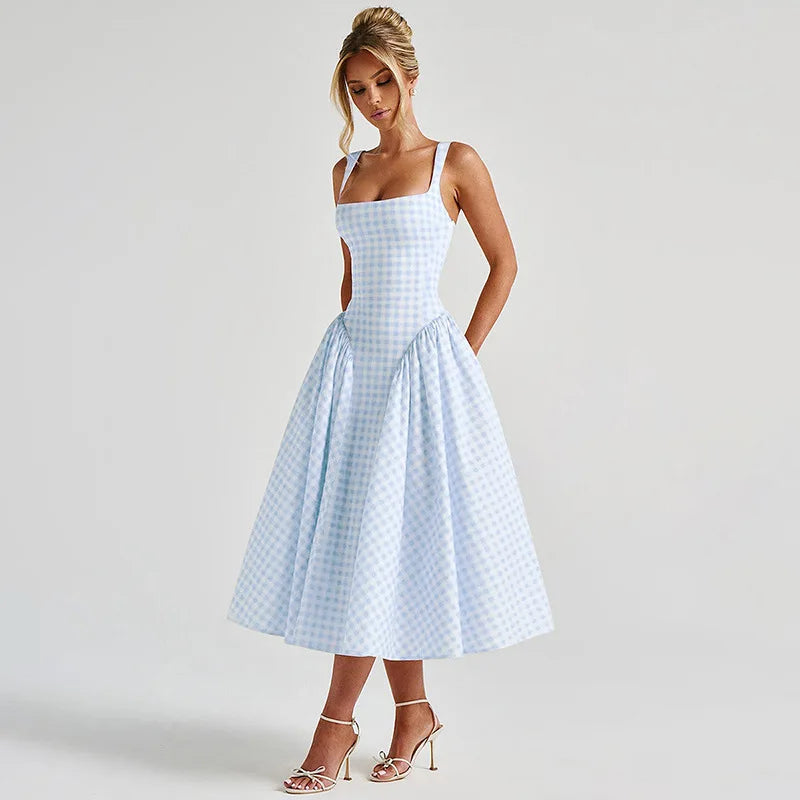 Damen Maxikleid mit Karomuster – Verstellbare Träger A Linie