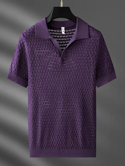Men's Summer Short-Sleeve Polo Shirt – Lightweight Knit Mesh Pattern