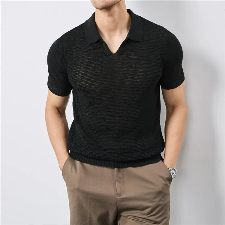 Men's Summer Knitted Polo Shirt with V-Neck, Elastic Waistband, and Breathable Fabric