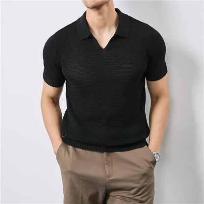 Men's Summer Knitted Polo Shirt with V-Neck, Elastic Waistband, and Breathable Fabric