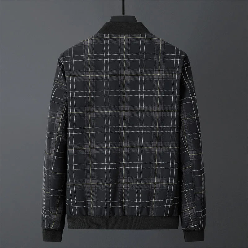 Men's flight jacket for autumn with checkered pattern, zipper, and ribbed cuffs