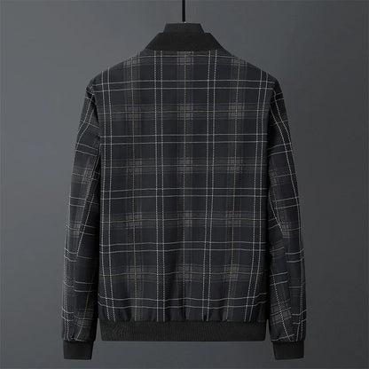 Men's flight jacket for autumn with checkered pattern, zipper, and ribbed cuffs