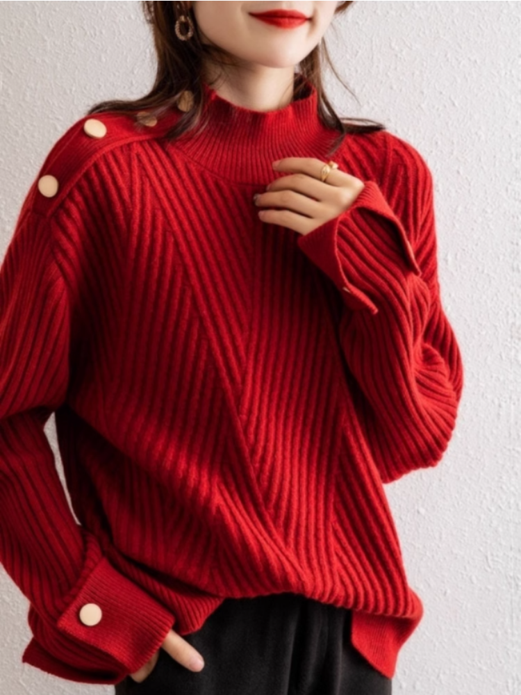 Women's Oversized Ribbed Sweater with High Collar and Button Detail