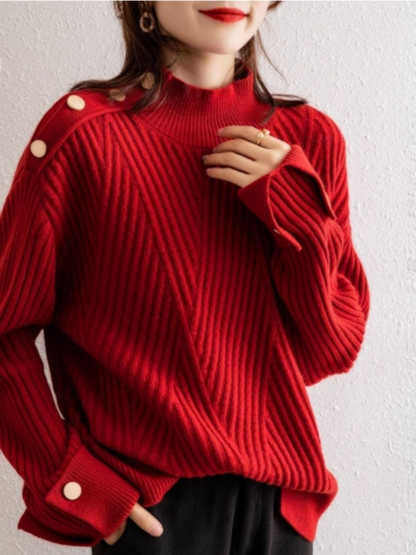 Women's Oversized Ribbed Sweater with High Collar and Button Detail