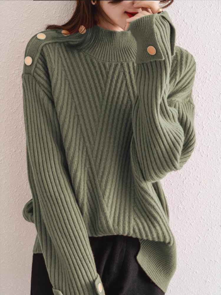 Women's Oversized Ribbed Sweater with High Collar and Button Detail