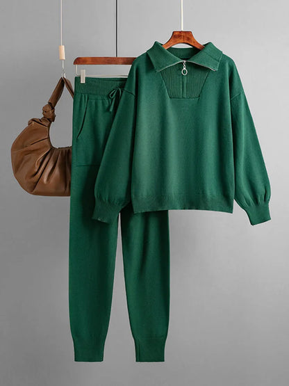 Women's Knit Loungewear Set with Zip Sweater and Tailored Jogging Pants