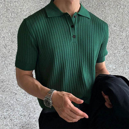 Men's summer knit polo shirt with stripe pattern and turn-down collar