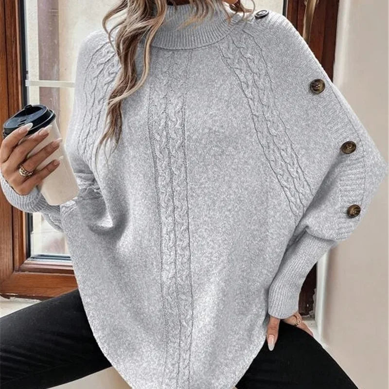 Women's Poncho with Turtleneck, Textured Knit, and Button Sleeves