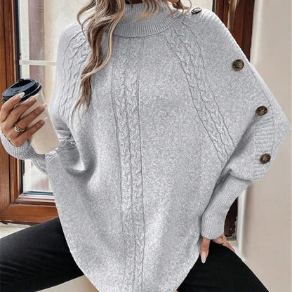 Women's Poncho with Turtleneck, Textured Knit, and Button Sleeves