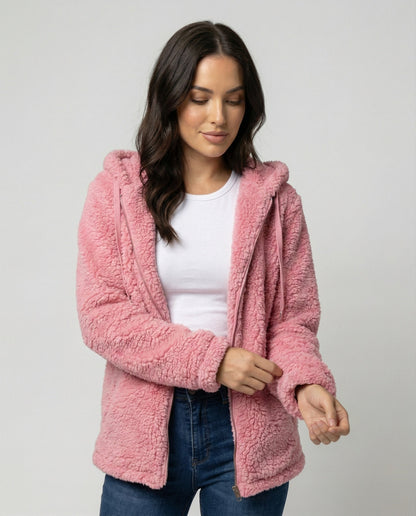 Damen Teddy-Fleecejacke Lang Geschnitten