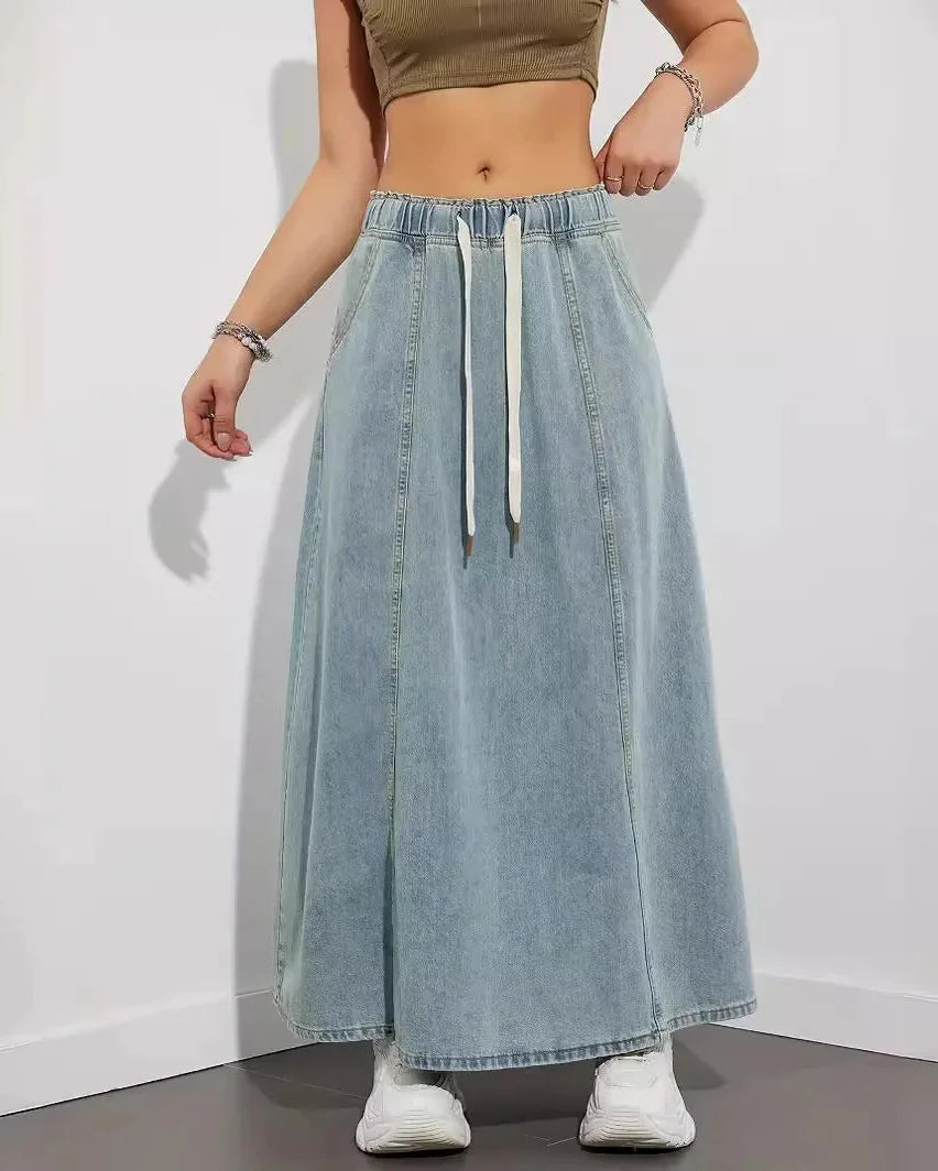 Women's Maxi Skirt Jeans Style Elastic Waistband Drawstring