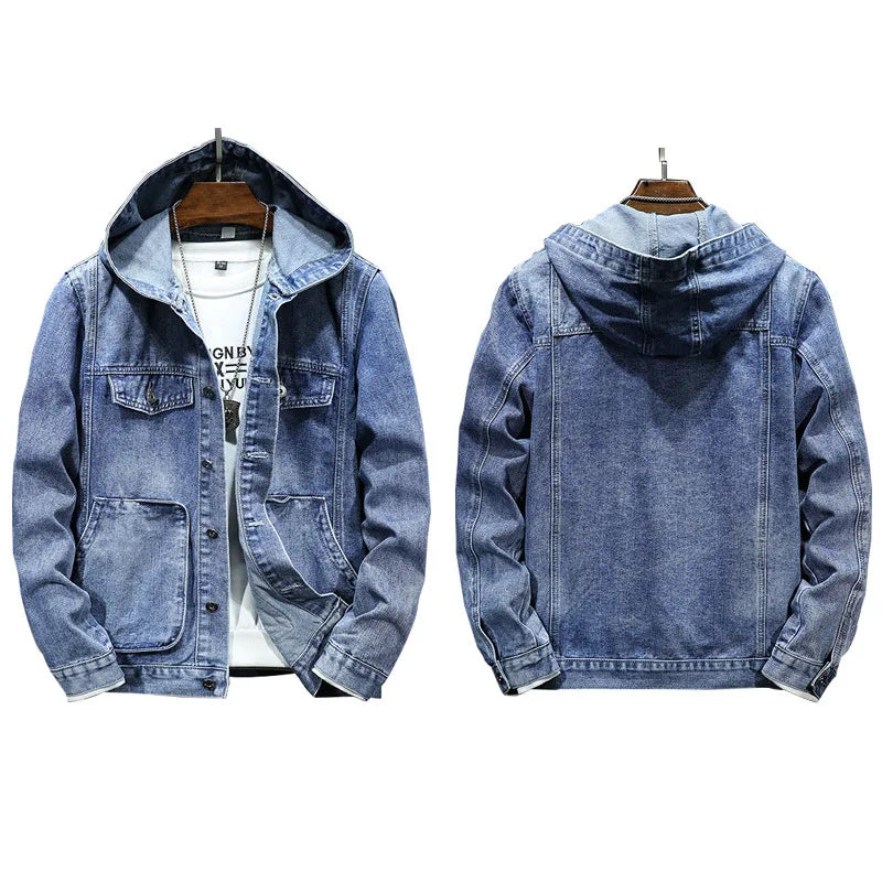Blaue Jeansjacke mit Kapuze, Vorder- und Rückansicht, lässiger Stil, Herrenmode, Denim, ideal für Freizeitkleidung, modisches Design.