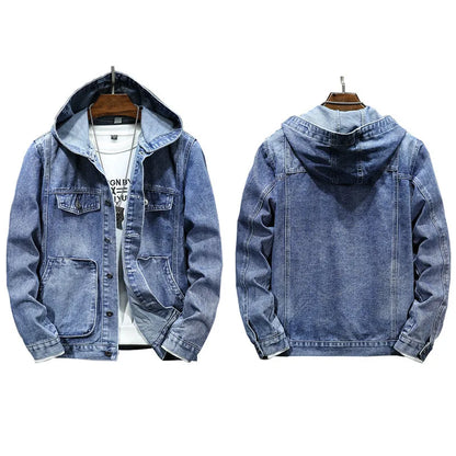 Blaue Jeansjacke mit Kapuze, Vorder- und Rückansicht, lässiger Stil, Herrenmode, Denim, ideal für Freizeitkleidung, modisches Design.