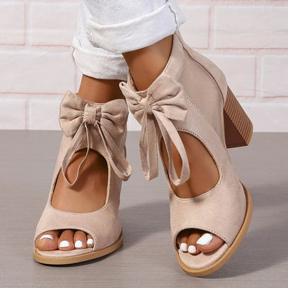 Damen-Sandalen Mit Absatz, Schleifendetail, Mesh-Einsätzen, Blockabsatz, Reißverschluss Hinten