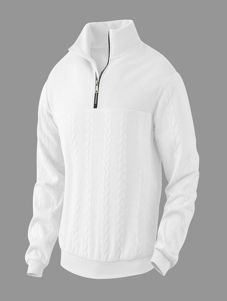 Men's knitted sweater with half zipper, standing collar, and cable pattern