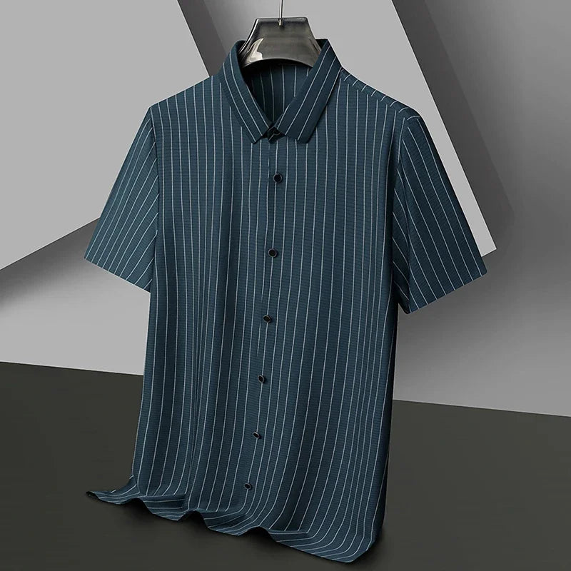 Men's polo shirt with vertical pinstripe pattern and button placket