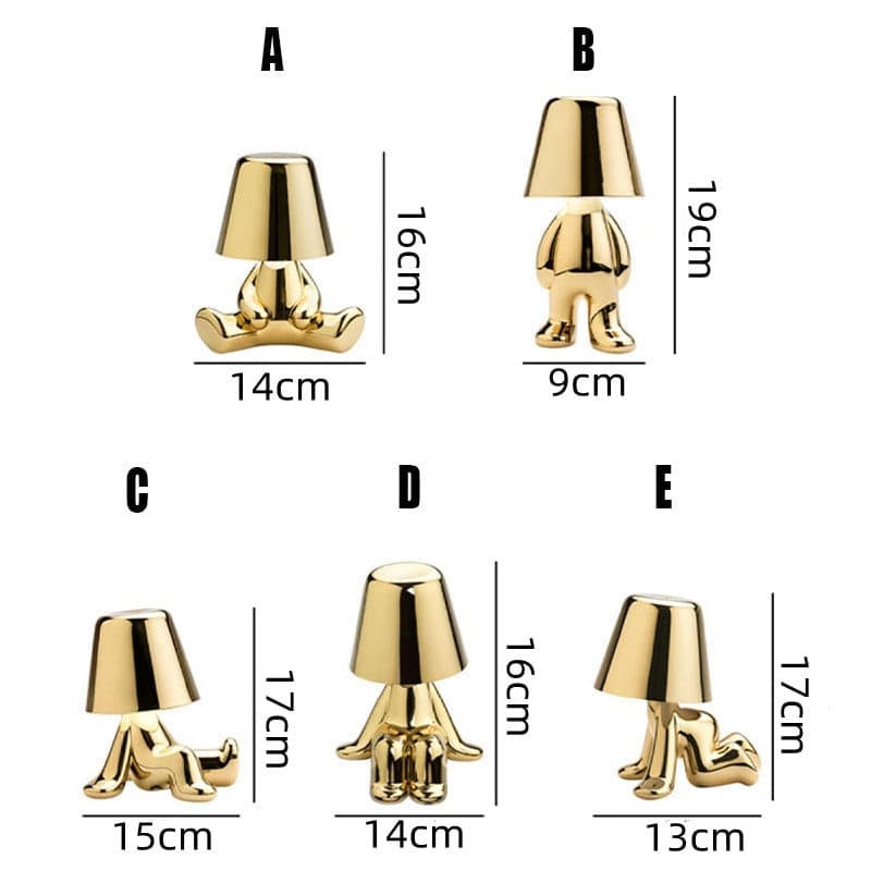 Fünf goldene Tischlampen in menschlichen Posen, Größenangaben daneben. Moderne, kreative Designerlampen, ideal für stilvolle Inneneinrichtung.